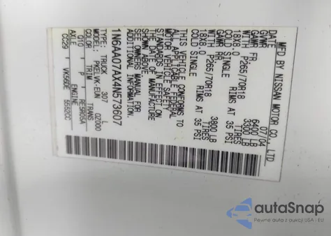 2004 Nissan Titan Le из США, поврежденный, VIN 1N6AA07AX4N573607